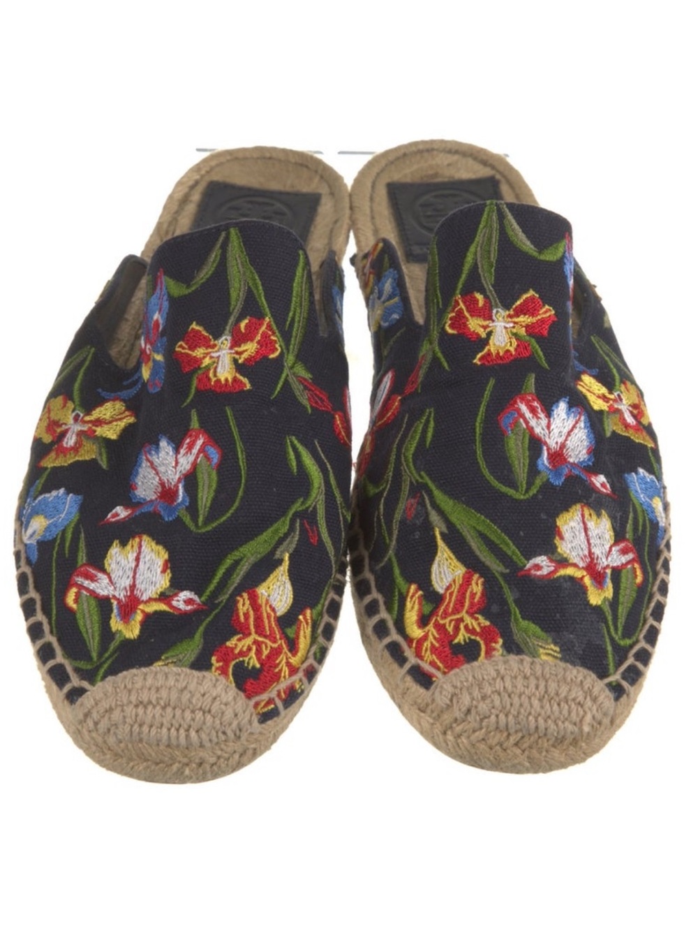 Tory Burch Black Floral Embroidered Espadrille Mules